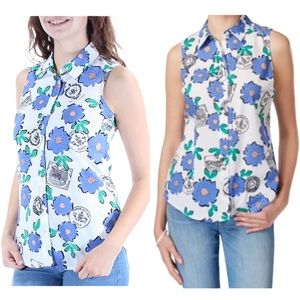 Madison Jules White Blue Floral Button Sleeveless